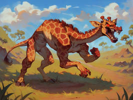 Hybrid Human Giraffe Hyena in the Savanna