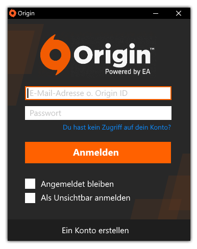 Origin: Anmeldefenster / Sign-In window