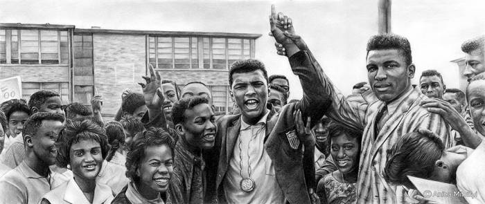 Muhammad Ali and Crowd Realisitic Pencil Art