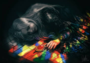 Stained with blood