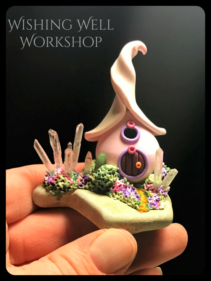 Polymer Clay Pink Fairy House with Crystals