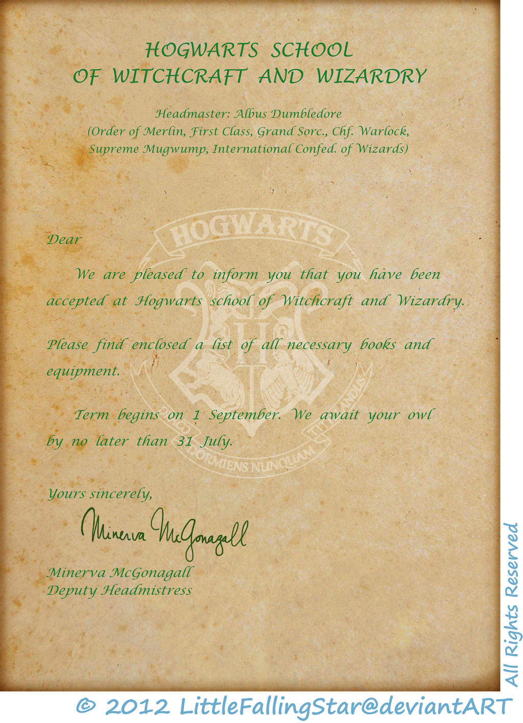 Hogwarts Acceptance letter Page 1