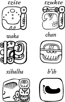 Mayan glyphs, tzite tzukte wakachan xibalba bi