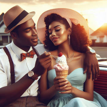 Romantic Feelings - 1950s Couple Sharing Ice Cream