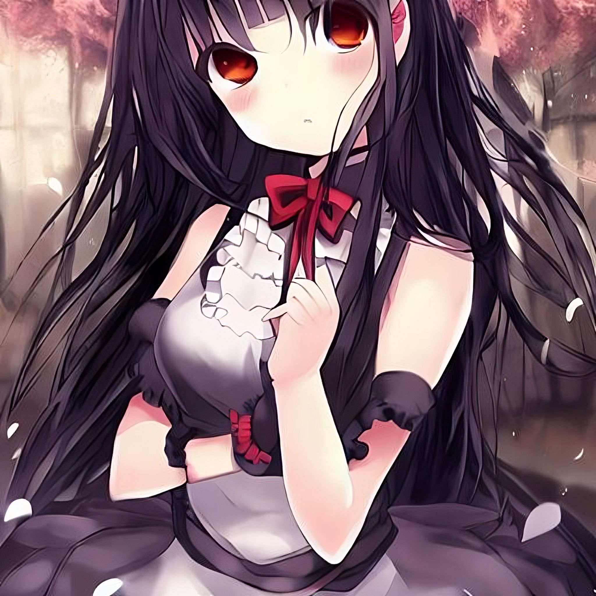 Beautiful anime girl with black hair and red eyes