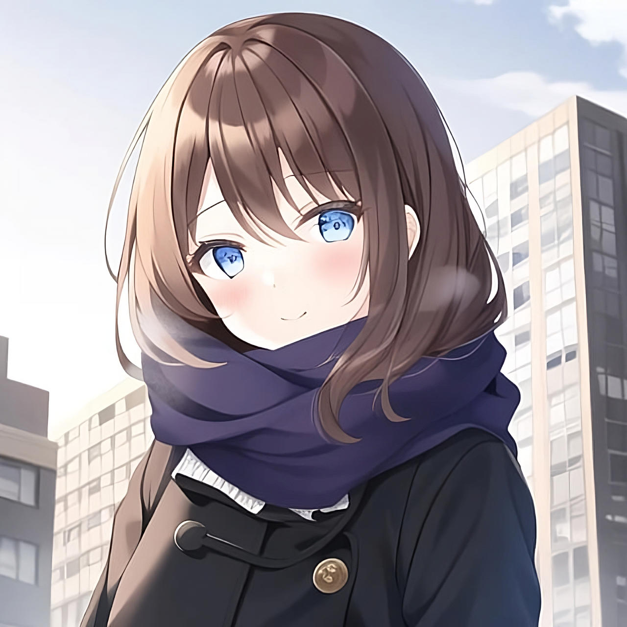 An anime girl that has brown hair and blue eyes next