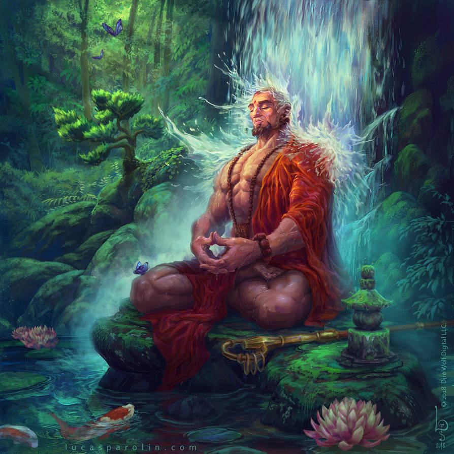 Сказка медитация. Монах медитирует арт фэнтези. Дзенский монах арт. О природе богов. Мудрец фэнтези.