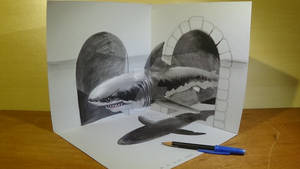 Great White Shark in 3D, Anamorphic Art
