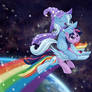 Wizard Riding a Unicorn on a Rainbow in Space