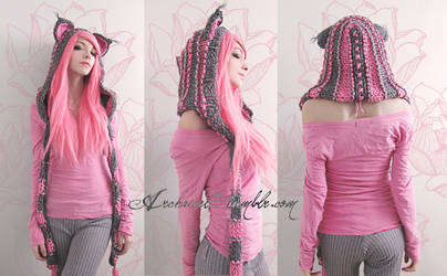 Pink and grey custom cat hood by Archaical