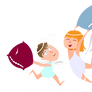 Angels playing pillow fight, vector illustration