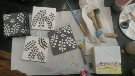 Coasters and Pencil Box painted at Pottery Worx