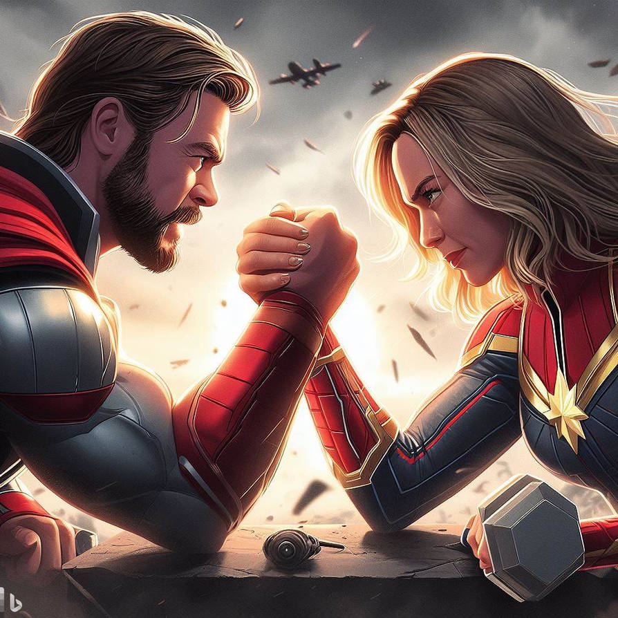 Arm Wrestling: Thor Vs Captain Marvel by GhostlyTownFarm on DeviantArt