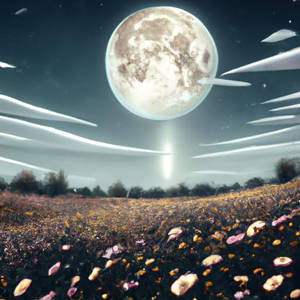 a moon shining into a flower field