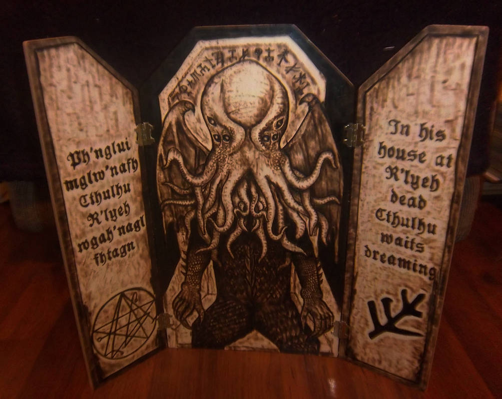 Throne of Cthulhu wood-burned triptych by runehammer9