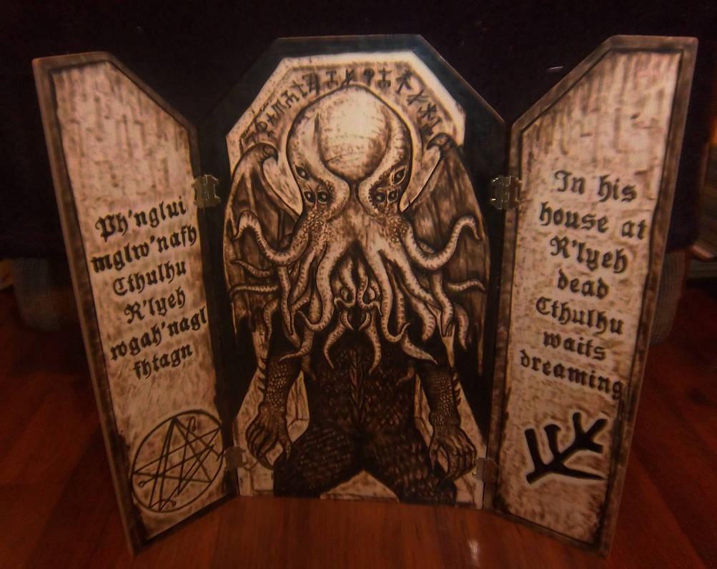 Throne of Cthulhu wood-burned triptych by runehammer9 Throne of Cthulhu wood-burned triptych by runehammer9