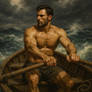 Man rowing in a stormy sea