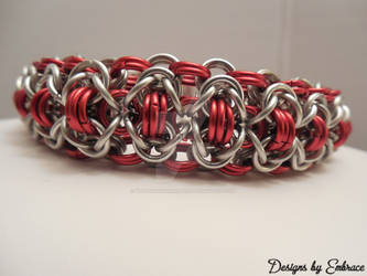 Red and silver chainmaille cuff bracelet