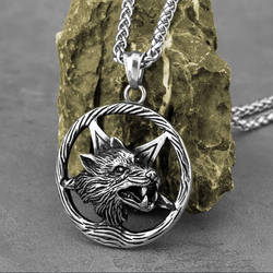 Wolf with Pentacle pendant, Stainless steel