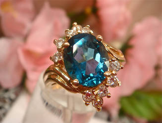 Vintage 14k Ring, London Blue Topaz, Diamonds  - 2