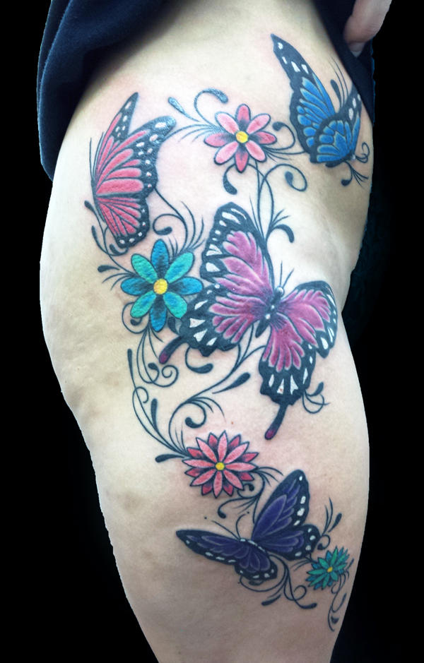 Pink blue Butterfly Leg Tattoos for Females