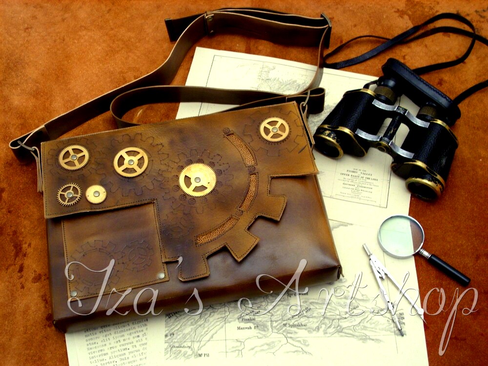 Large steampunk leather messenger bag