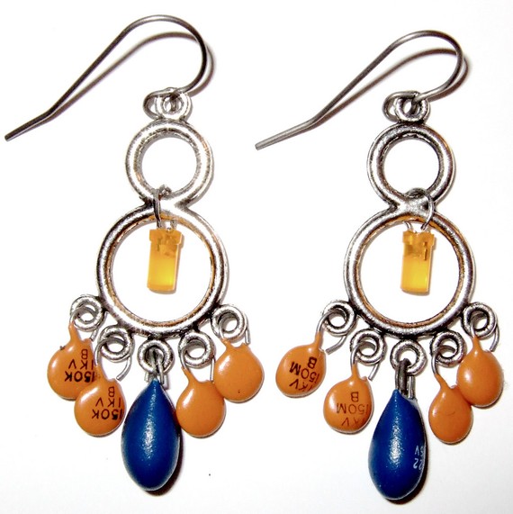 Orange and Blue Upcycled Computer Parts Earrings