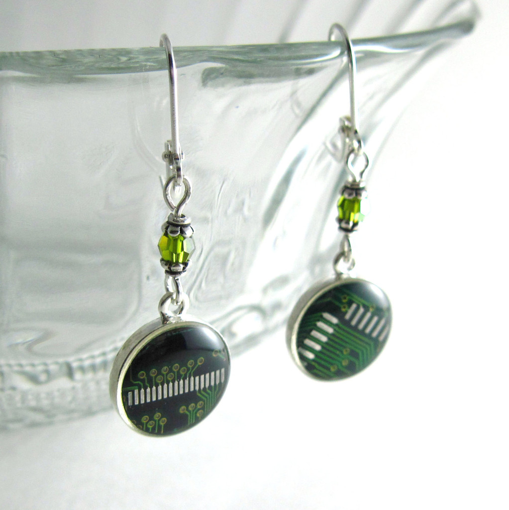 Domed Green Circuit Board and Crystal Earrings