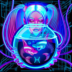 Neon horoscope cyberpunk Zodiac sign Pisces-500