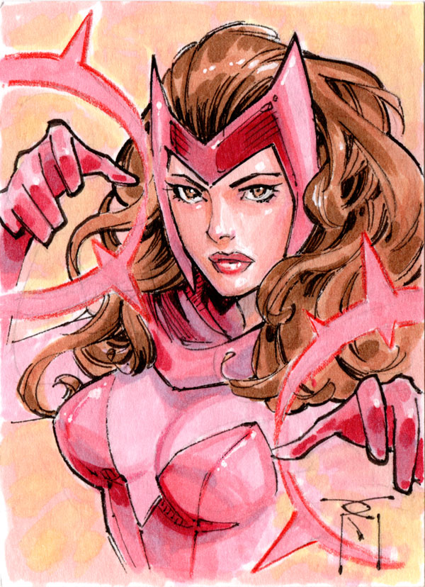 SCARLET WITCH COVER QUALITY ORIGINAL COMIC ART COLOR SKETCH ON CARD STOCK