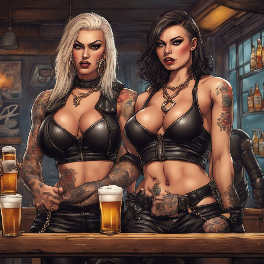 2 Sexy Busty Ripped Biker Babes on a bar