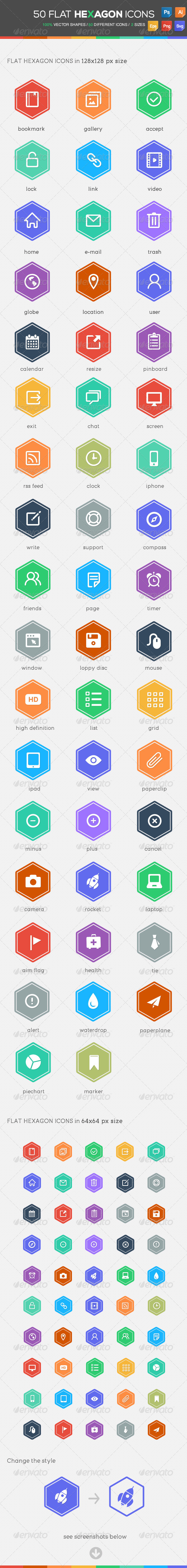 50 Flat Hexagon Icons