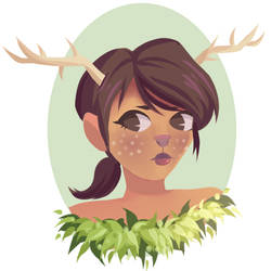 Prompt: A freckled girl with antlers