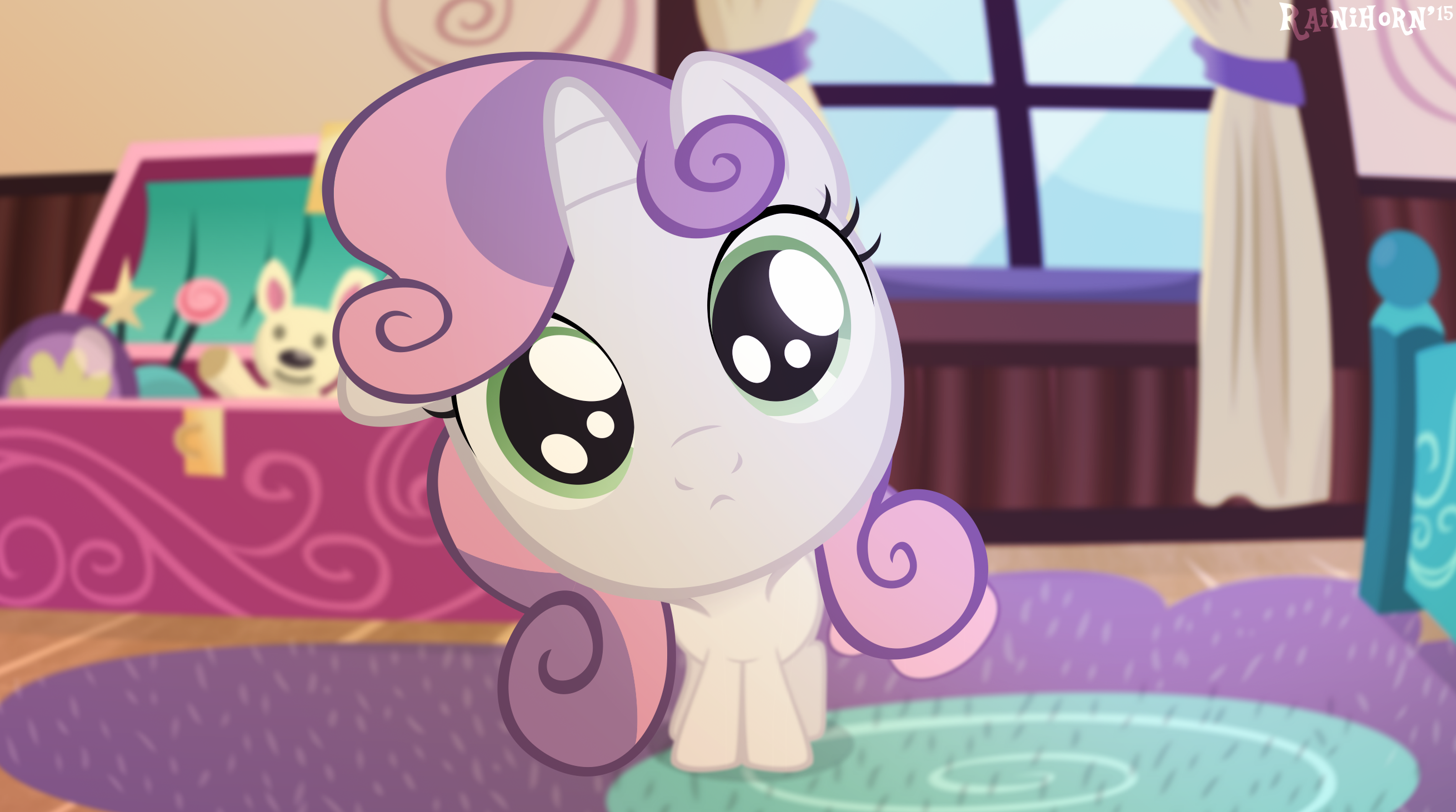 Sweetie Belle is looking into the camera