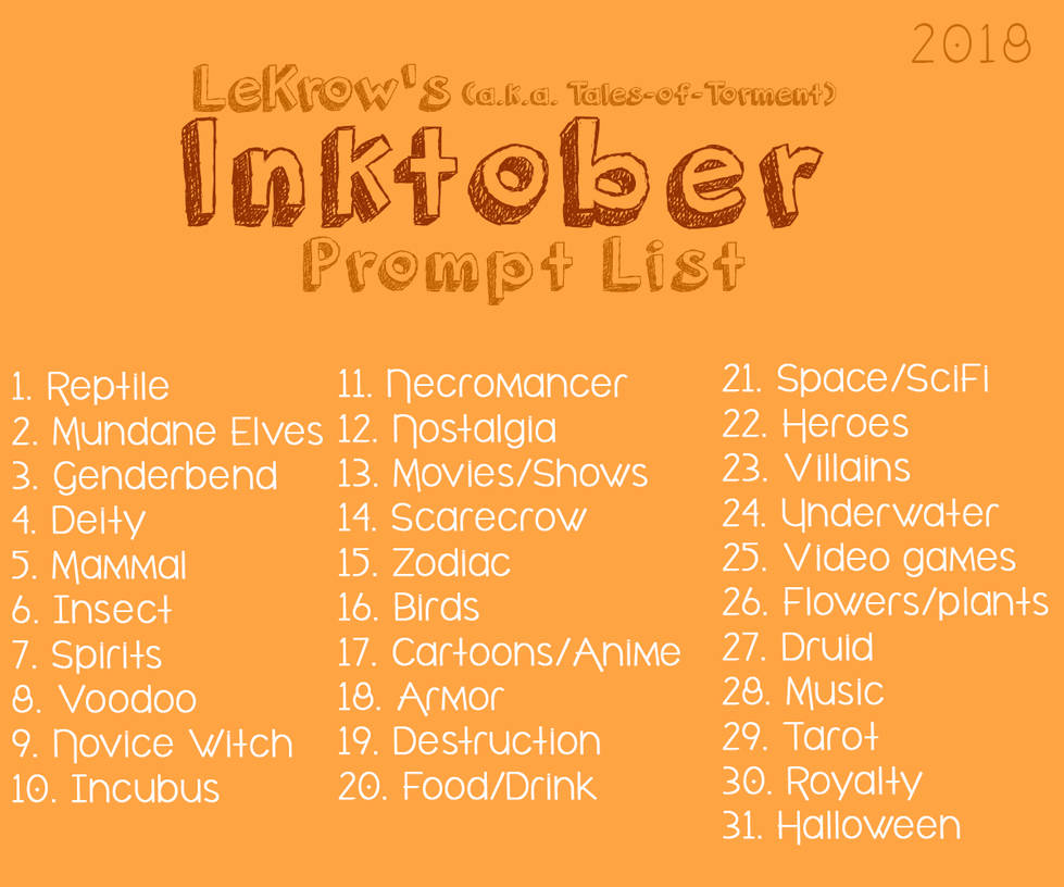 Inktober 2018 Prompts by Tales-of-Torment on DeviantArt
