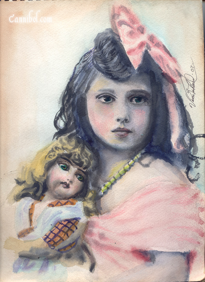 vintage girl with doll and bow by cannibol