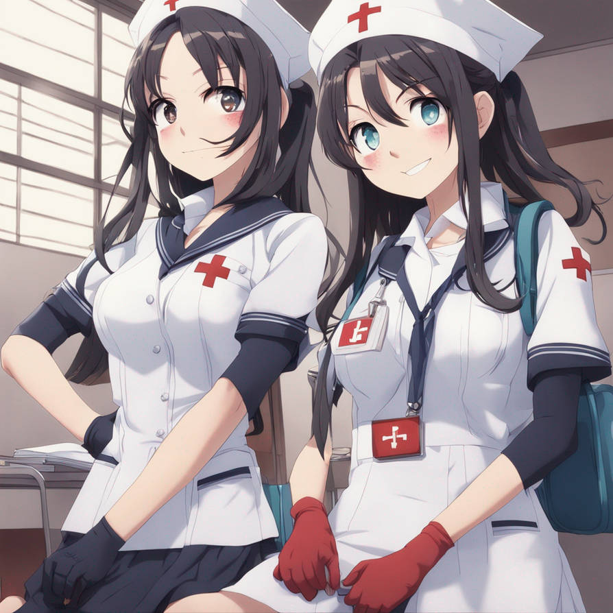 Anime girls in school uniforms as nurses with glov