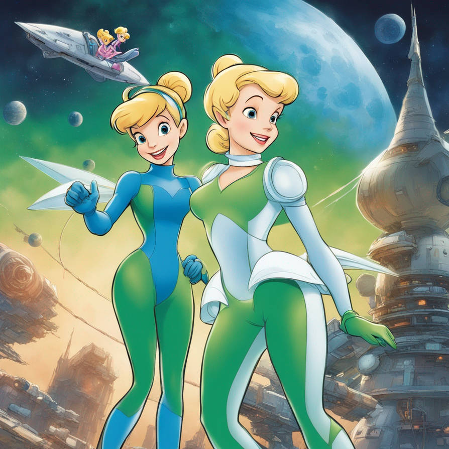 Tinker Bell and Cinderella wearing space suit