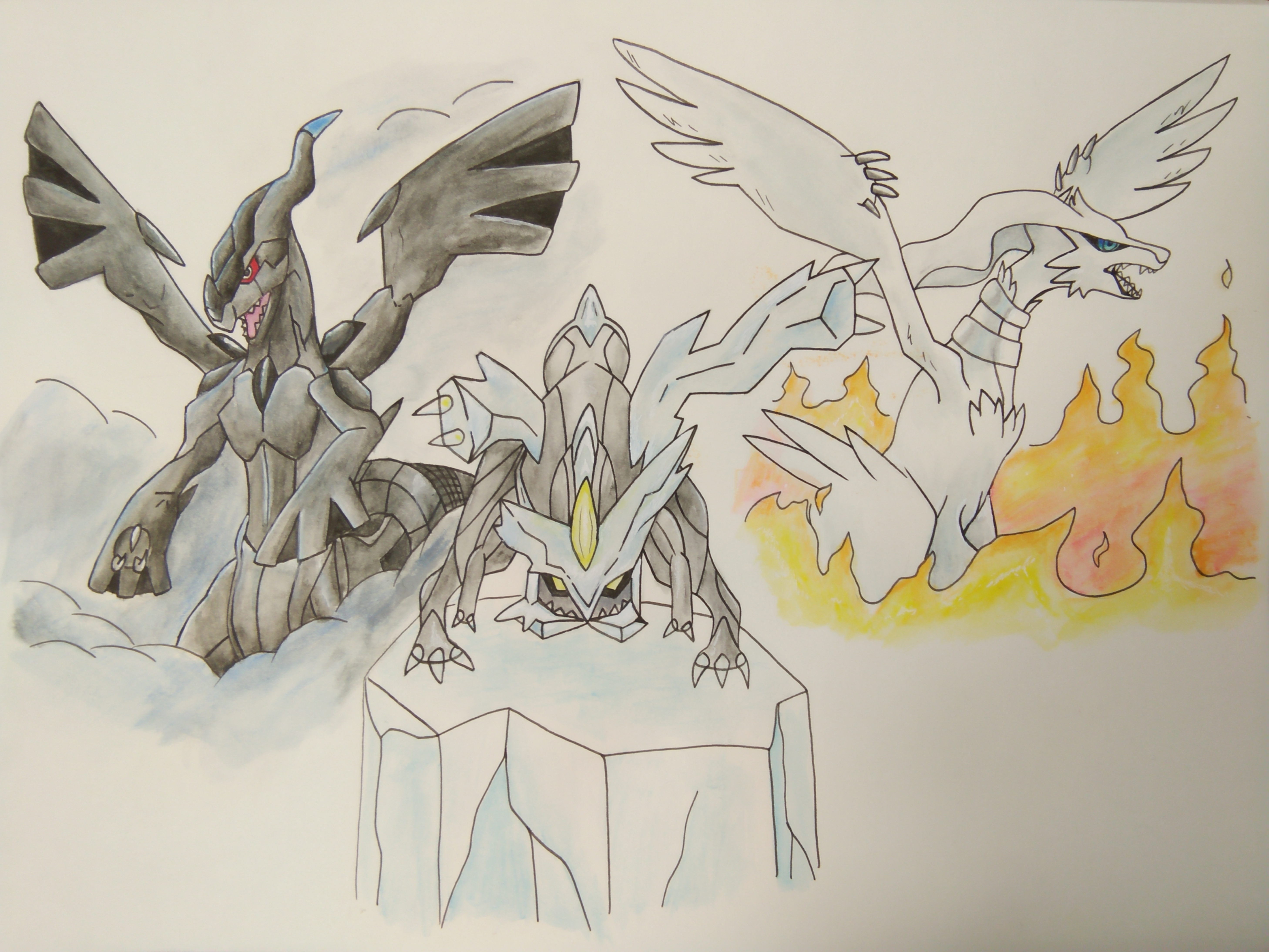 reshiram, zekrom, and kyurem (pokemon and 1 more) drawn by amurous