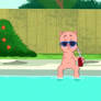 Porky Pig sitting by the pool naked.