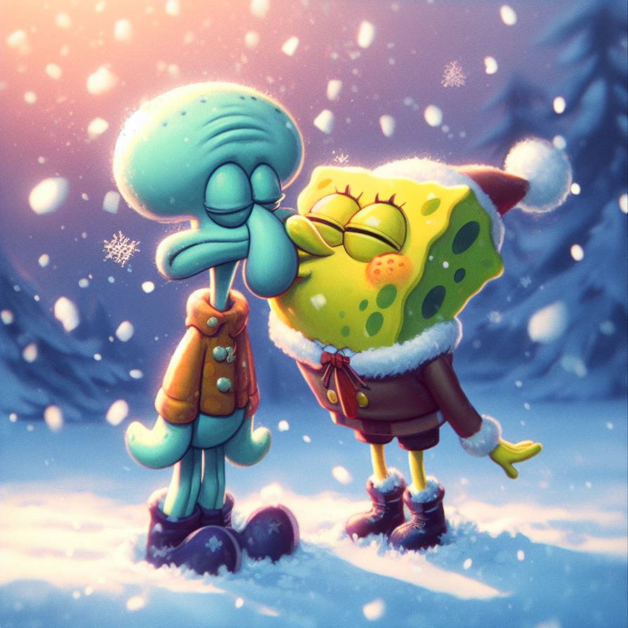 SpongeBob kisses Squidward in the snow by Darth19 on DeviantArt