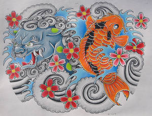 Foo Dog and Koi color tattoo