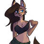 Furry girl black shirt green trousers