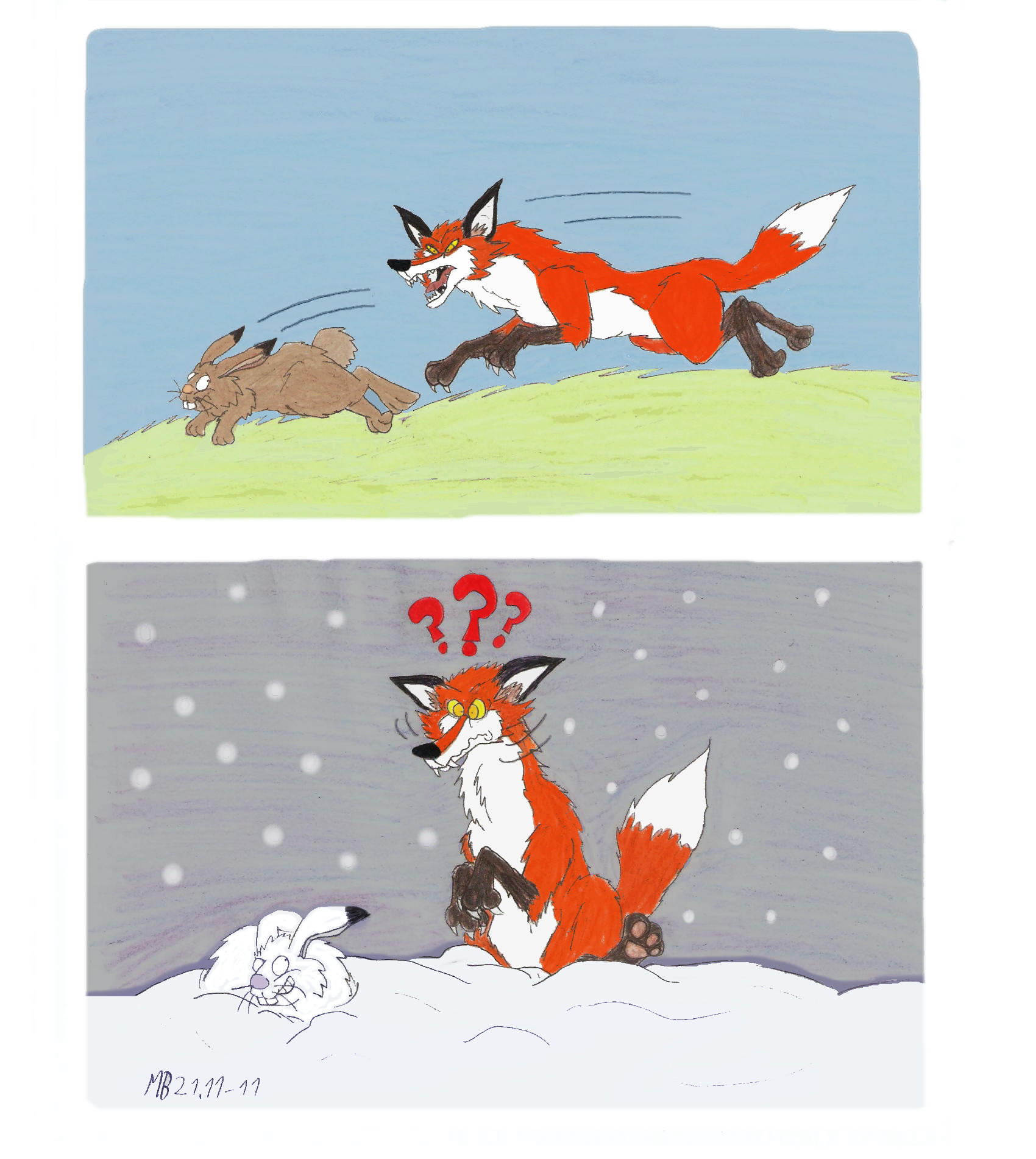 Fox chasing rabbit, colour by Mara999 on DeviantArt