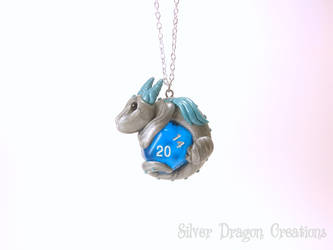 Silver Dragon on Blue Translucent d20 Die