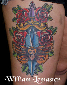 Moth, Dagger, and roses - Healed Tattoo