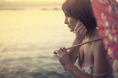 White Dress with Red Umbrella