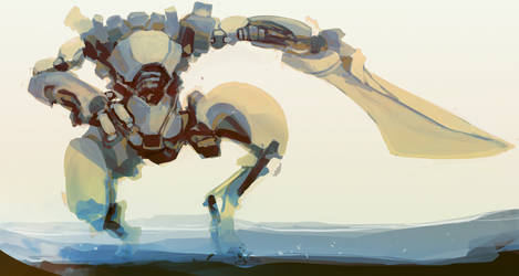 mech with sword in shallow water