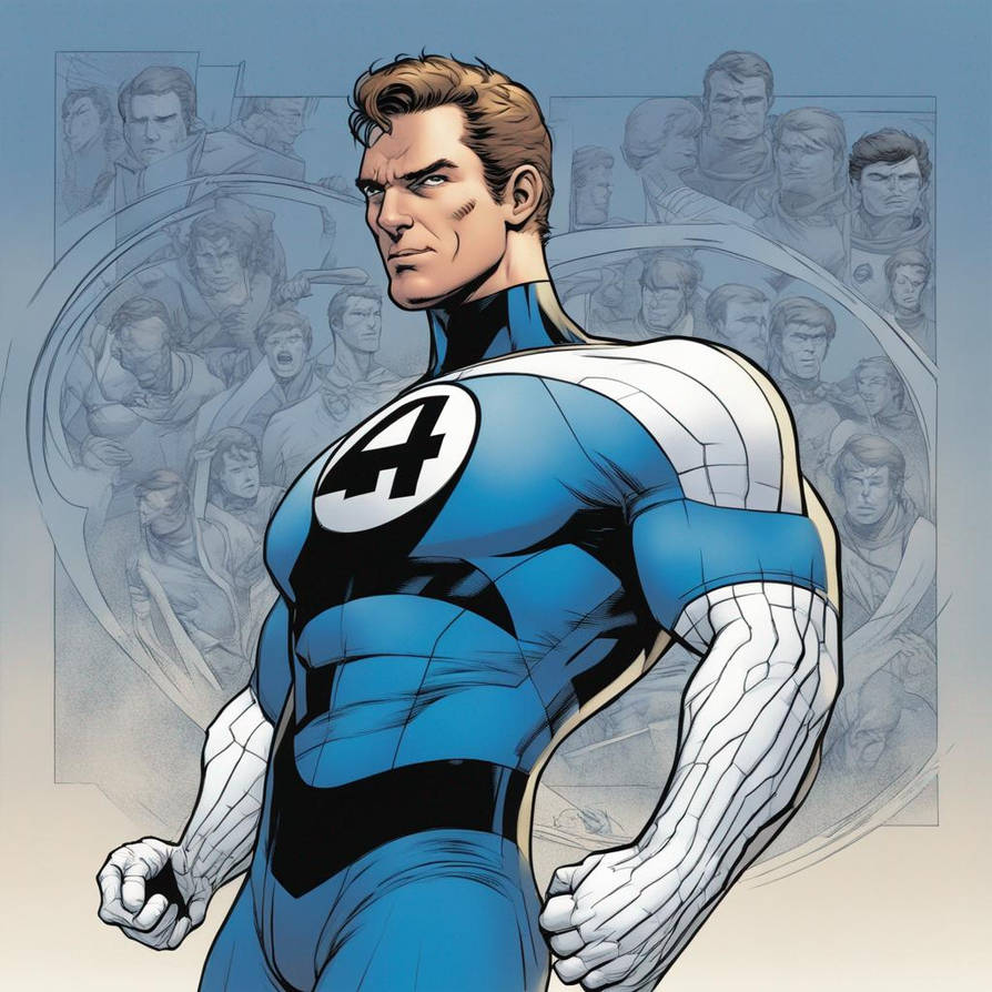 Drawing of a superhero with a blue uniform and bla
