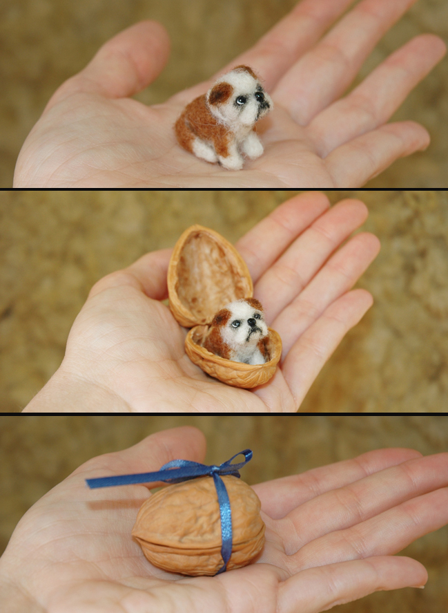 Tiny Needle Felted Bulldog Puppy Dog in a nutshell